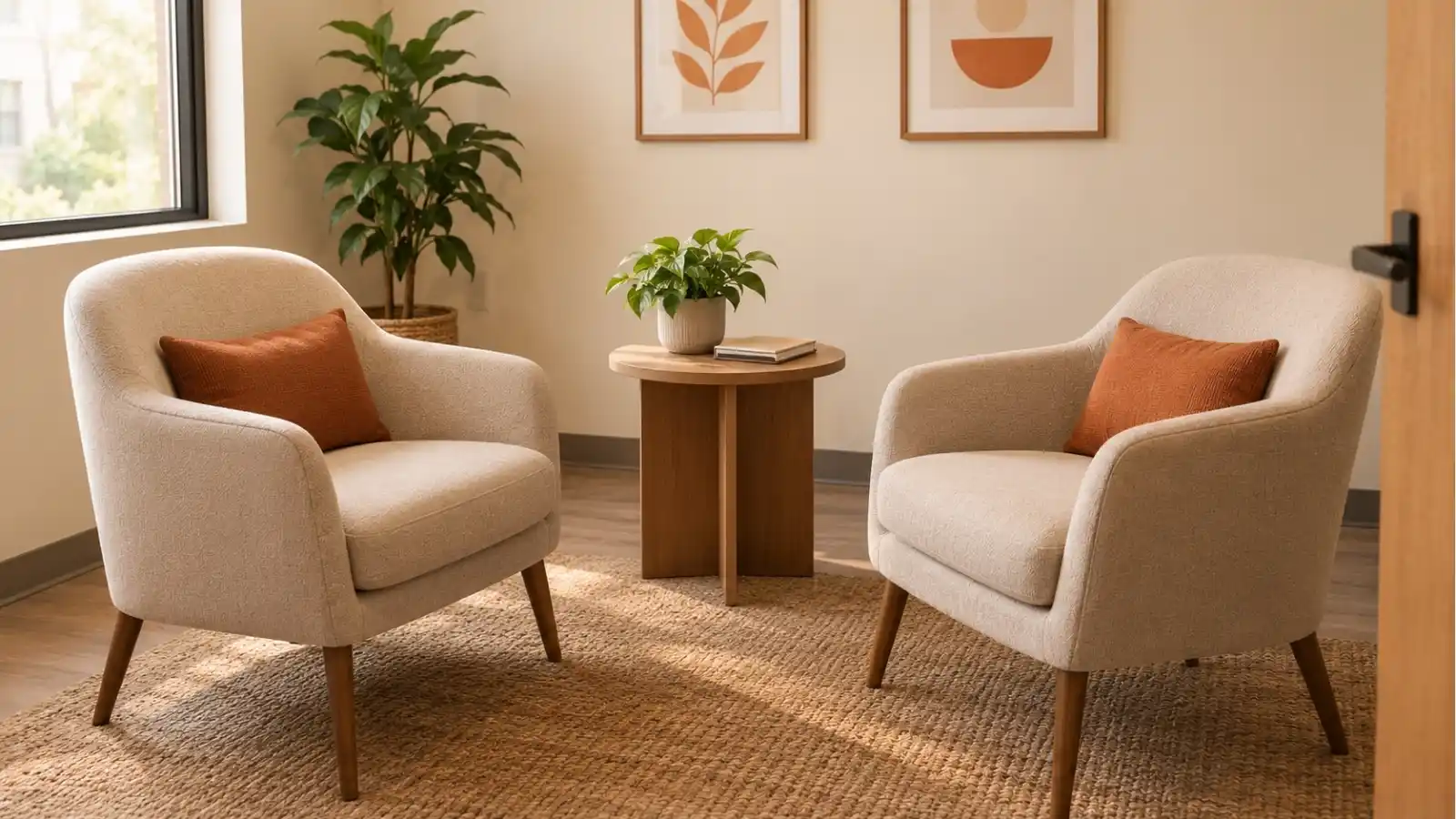 A consulting room set up for a conversation rather than treatment.