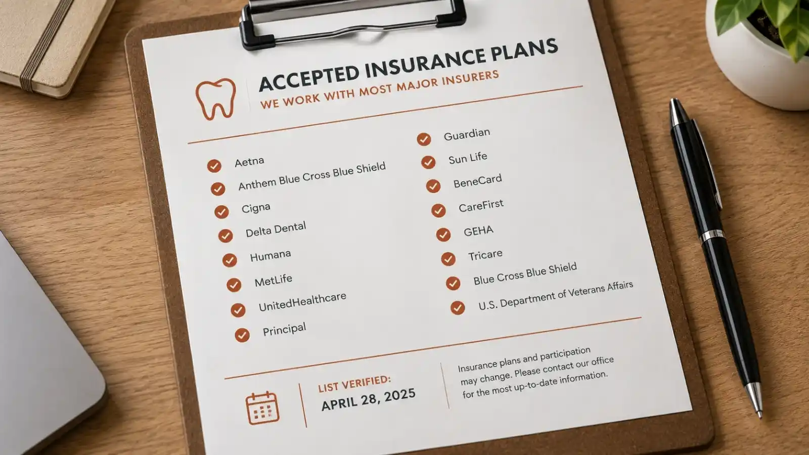 A list of accepted insurance plans carrying a verification date.