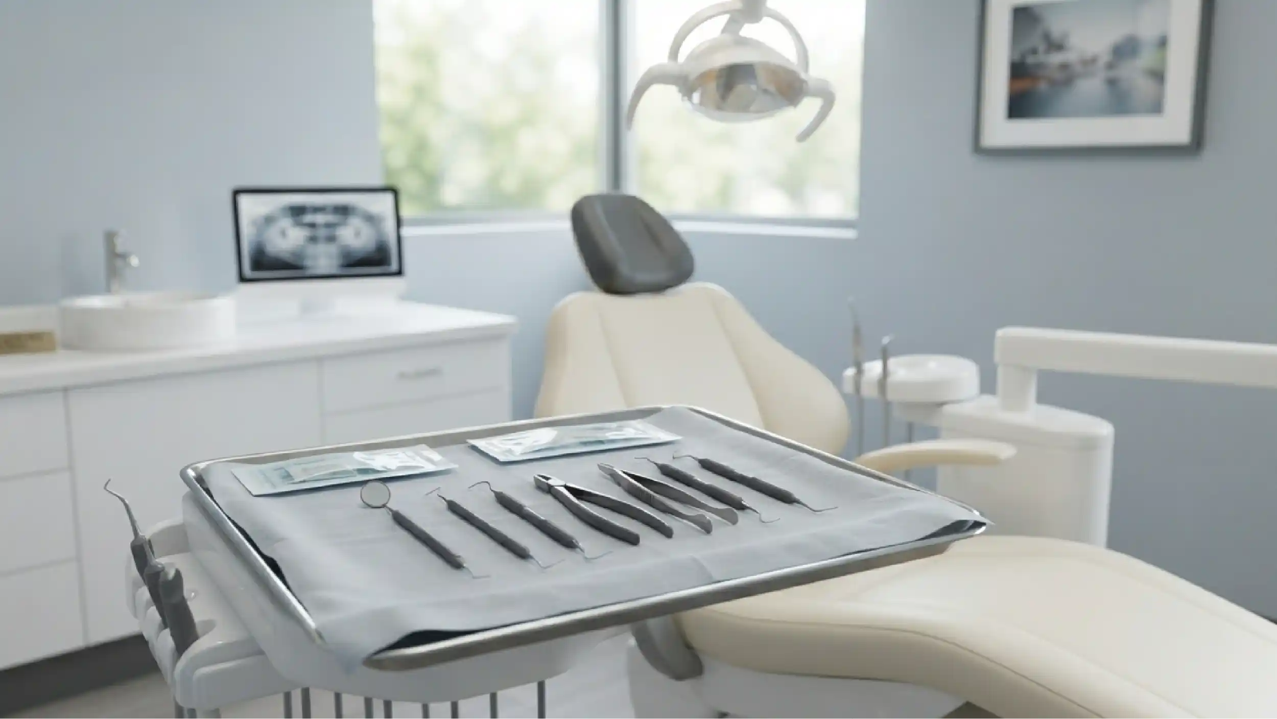 A dental treatment room set for a routine procedure.