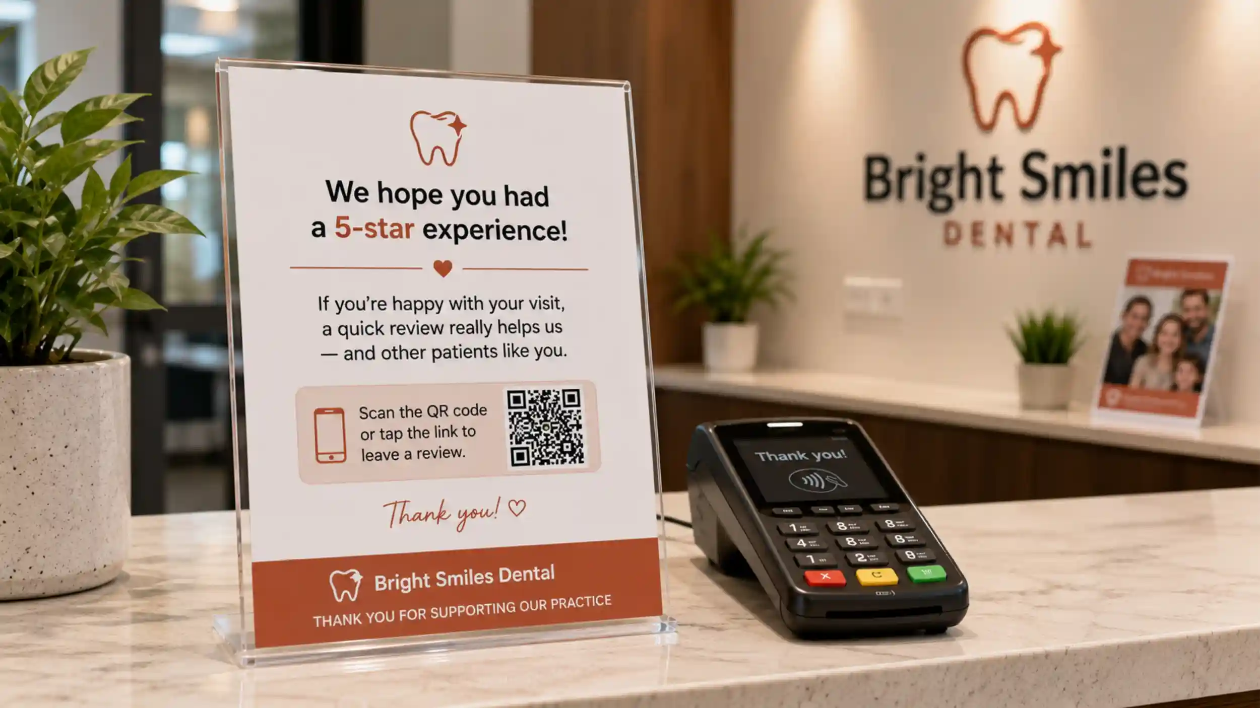 A review request card at a dental reception desk.