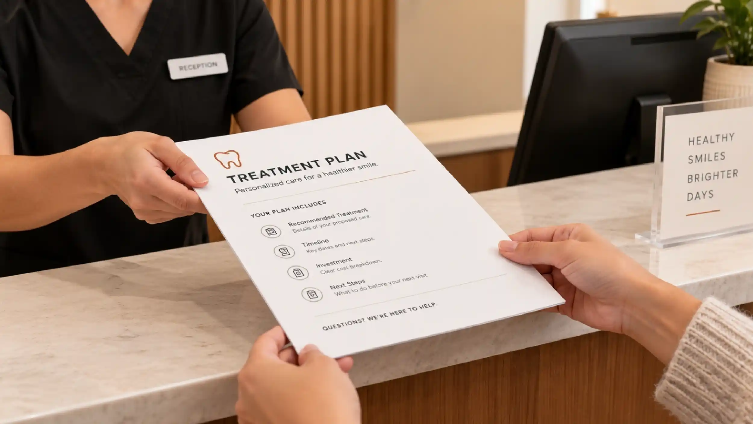 A written treatment plan handed to a patient at reception.